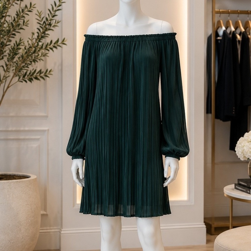 One Clothing Womens Dress Off Shoulder Pleated Long Sleeve Forest Green S